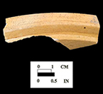 Glazed interior (top) and unglazed exterior (bottom) rim sherd of yellow border ware pan, Pale pink paste, 12" diameter.